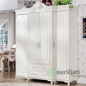 Jual Almari Pakaian Motif Spanyol Duco Putih Mewah 4 Pintu