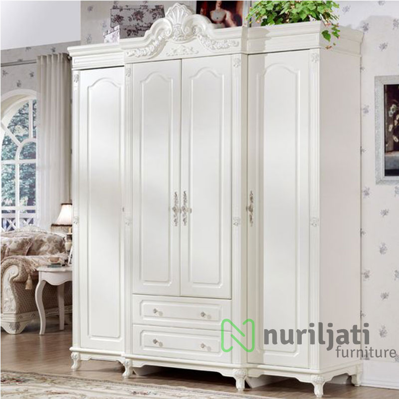Jual Almari Pakaian Motif Spanyol Duco Putih Mewah 4 Pintu