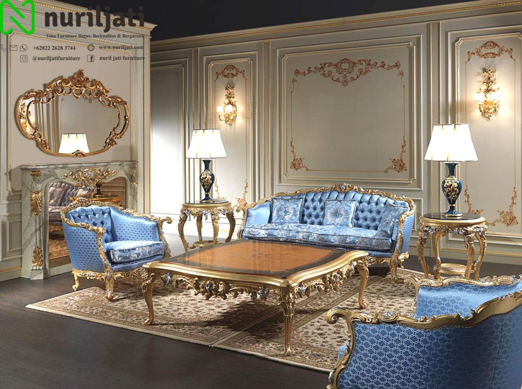 Jual Set Sofa Tamu Mewah Biru Emas