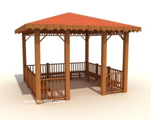 Gambar Gazebo Kayu Jati Solid Bergaransi, terawat rapi di halaman belakang rumah.